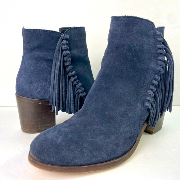 Kenneth Cole Reaction Shoes - Kenneth Cole Reaction Rotini Blue Suede Fringe Block Heel Booties